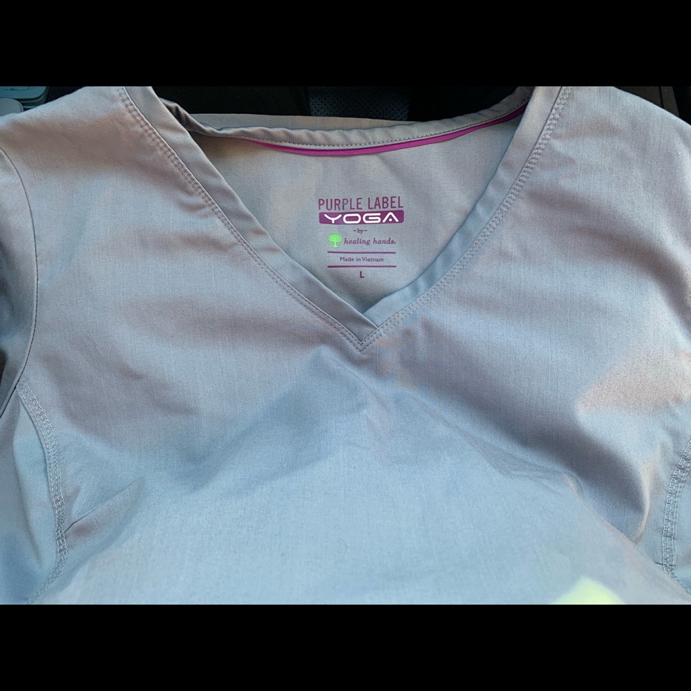 Gray purple label scrub top